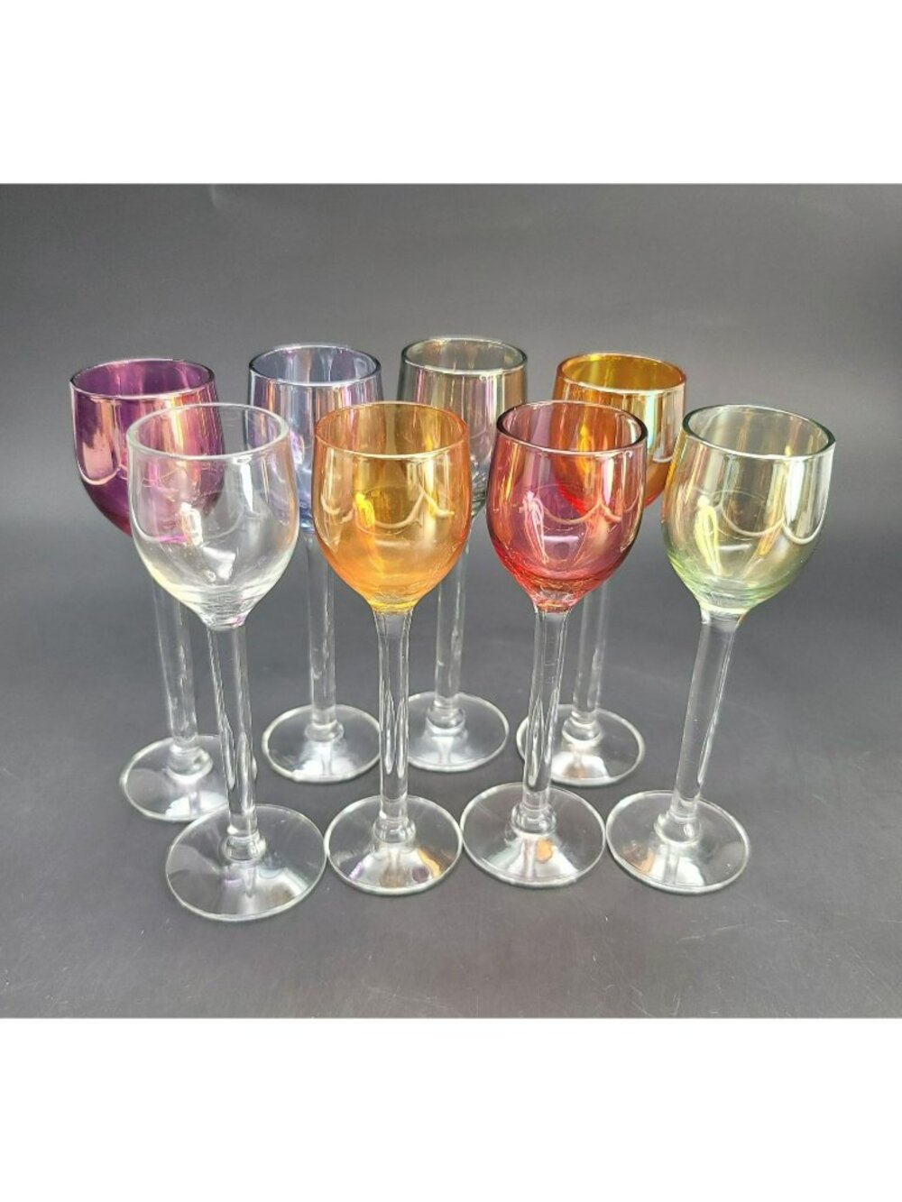 8 Colorful Cordial Liquor Glasses Barware Vintage Iridescent Lyngby? Cr602